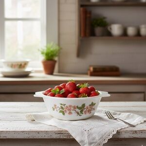 Vintage Pyrex England Cherry Blossom Milk Glass Bowl 1970s Handled Floral